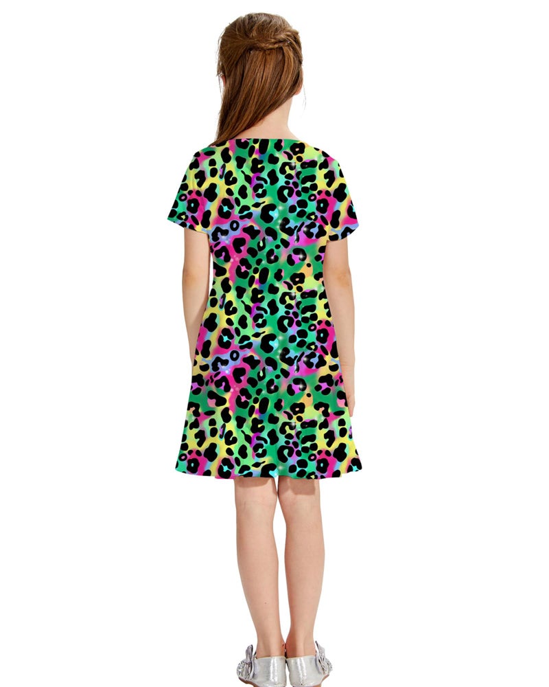 ALISISTER 7T Cheetah Dress Girls Little Casual Tshirt Sundress Swing Kids School Dance Twirl Colorful Leopard Dresses Birthday Party Outfits Summer Funny Playwear Size 6-7 - Image 3
